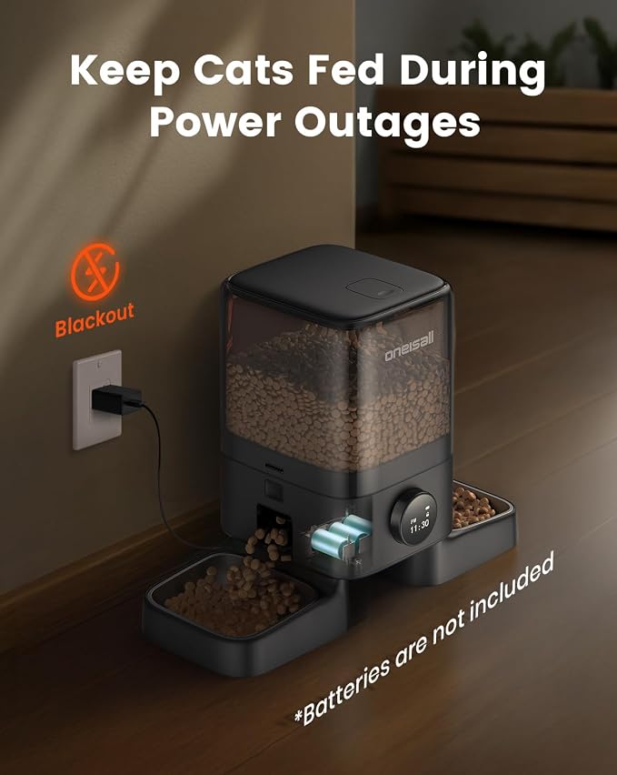 oneisall Automatic Cat Feeder for 2 Cats Pets, 20 Cups/5L | Prevent Fighting, Precise Portions, Balanced Dispensing, Large Kibble Support, Non-Slip & Stable, Stainless Steel Bowls