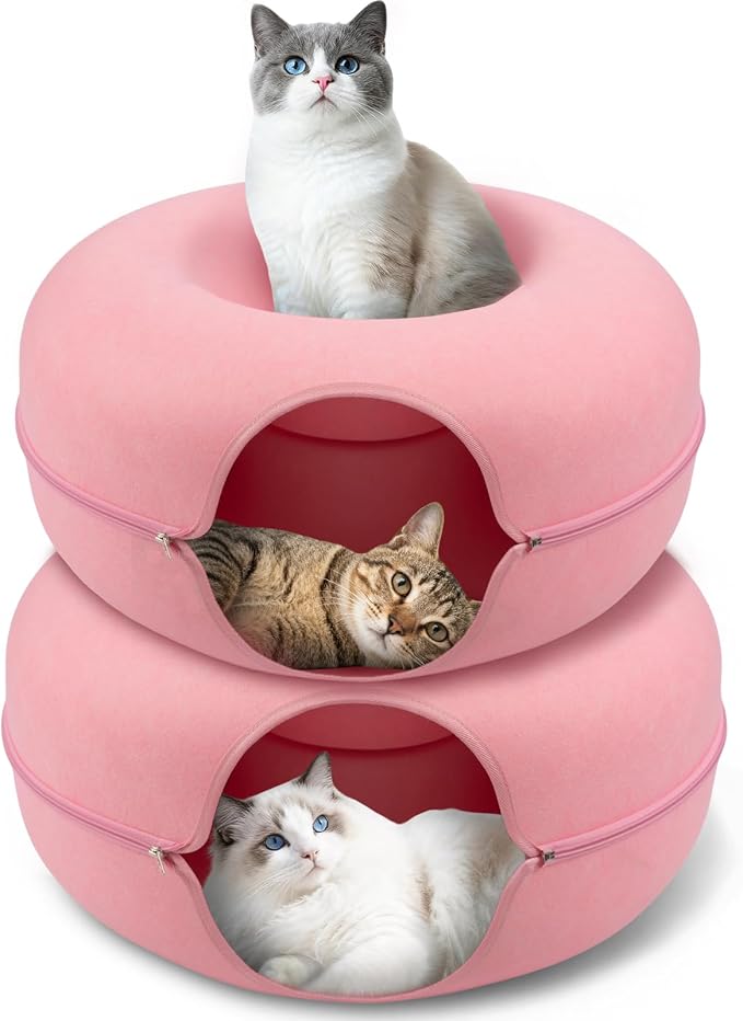 Cat Caves for Indoor Cats, Large Cat Tunnel for Multiple & Large Cats, Scratch Detachable Cave Bed, Kitten Donut Kitty Hideaway Up to 45 Lbs (Pink, Large, 2 Pack)