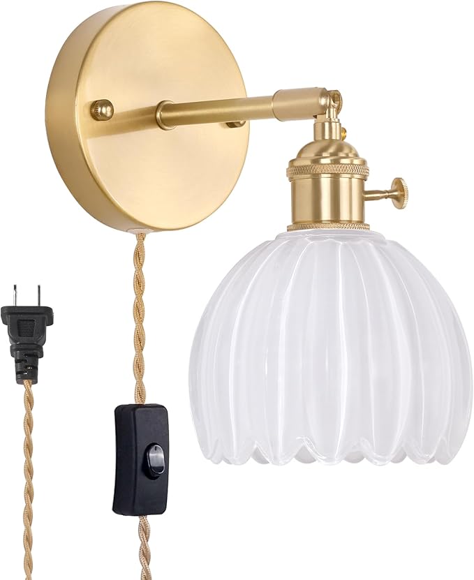 Shenmoyl Plug in Wall Sconce, White Tulip Glass Lampshade Wall Light Plugin Corded for Bedside Bedroom Doorway