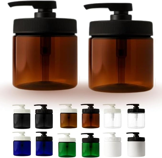 Royal Massage 16oz Refillable Pump Jar with Locking Dip Tube Dispenser – BPA-Free Plastic Container for Massage Oils, Lotions, Creams – Ribbed Lid Wide-Mouth Jar – Durable & Reusable (Amber/Black, 2)