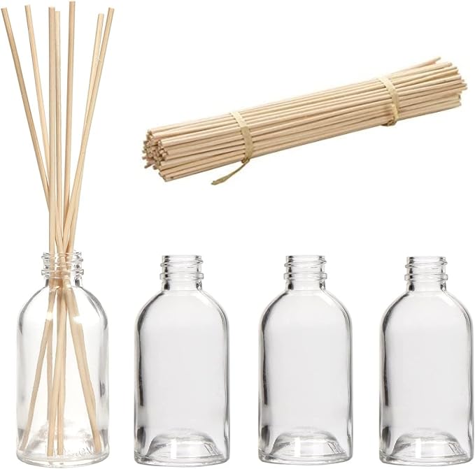 Hosley Set of 4 Glass Diffuser Bottles 85ml with 108 Rattan Diffuser Reeds, 7" High - Perfect for Craft Projects, Weddings & Parties