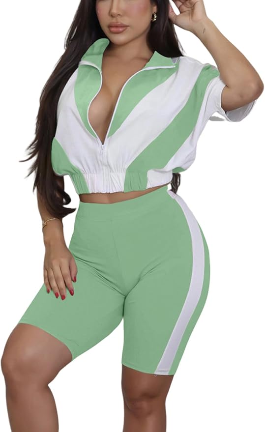 Adogirl Women 2 Piece Outfits Summer Tracksuit Color Block Short Sleeve Full Zip Up Cropped Jacket Bodycon Shorts Lounge Sets