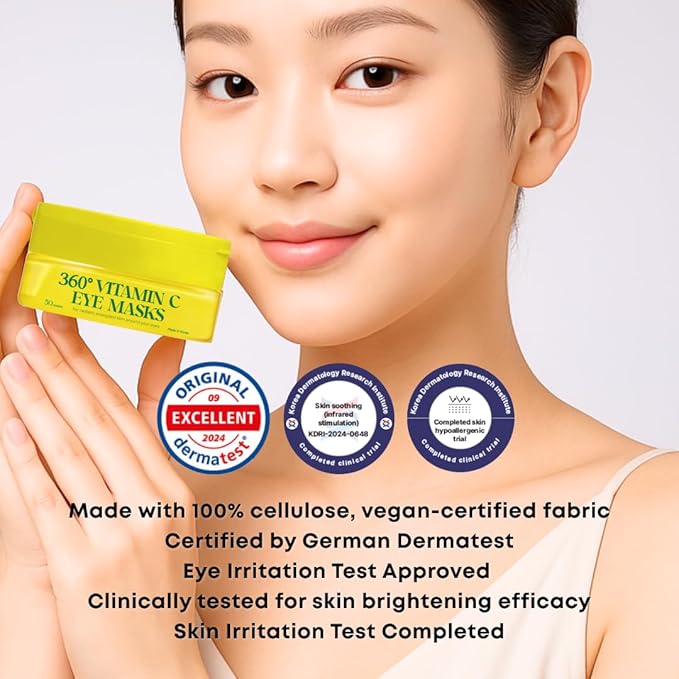 360° Vitamin C Eye Masks – Korean Under Eye Patches for Puffy Eyes & Dark Circles, Lifting Eye Tone Up with Niacinamide & Bakuchiol, Hydrating and Soothing 50 Masks