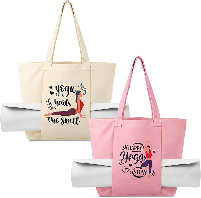 2 Pack Yoga Mat Bags Tote Canvas Gym Tote Bags Gift for Women Pilates Mat Carrier Carryall Shoulder Bag for Office, Workout, Pilates, Travel, Beach and Gym Gift for Yoga Lover Mothers Day