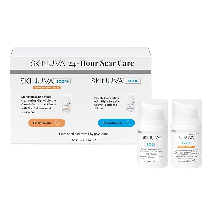 Skinuva® 24 Hour Care Kit: Next Generation Scar (0.5 oz) & Next Generation Scar+ SPF 30 (0.5 oz) - Advanced Silicone Cream Matrix Formulated with Growth Factors & Helps Reduce the Appearance of Scars