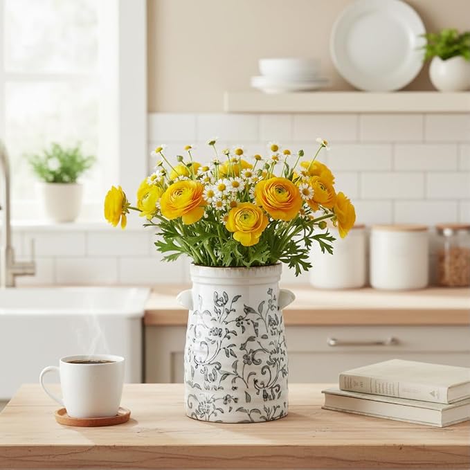 SIDUCAL Ceramic Gray and White Vase with 2-Ear, 8 Inch Ice Cracked Vintage Pastoral Vase, Rustic Farmhouse Vases for Home Decor, Table, Living Room, Shelf Decor, Chinoiserie Decor, Gray Floral Pattern