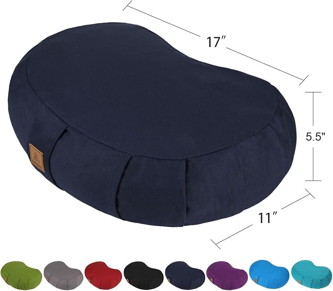 Crescent Zafu Meditation Pillow, D=17" W=11" H=5.5" Zabuton Yoga Bolster, Meditation Cushion, Floor Pouf Yoga Pillow Zippered Organic Cotton Cover Natural Buckwheat kneeling pillow - Large