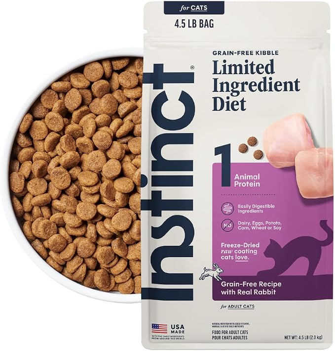 Instinct Limited Ingredient Diet Dry Cat Food, Real Rabbit, 4.5 lb. Bag | Single animal protein and vegetable recipe, raw-coated kibble, farm-raised rabbit, gentle on sensitive stomachs