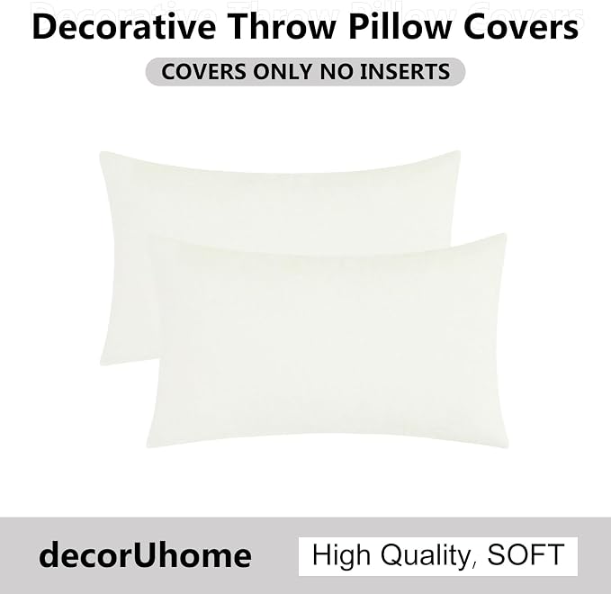 decorUhome Soft Chenille Cream White Throw Pillow Covers 12X20 Set of 2 | Decorative Fall Couch Pillow Covers Solid Dyed Accent Modern Farmhouse Neutral Rectangle Pillow Cases for Sofa