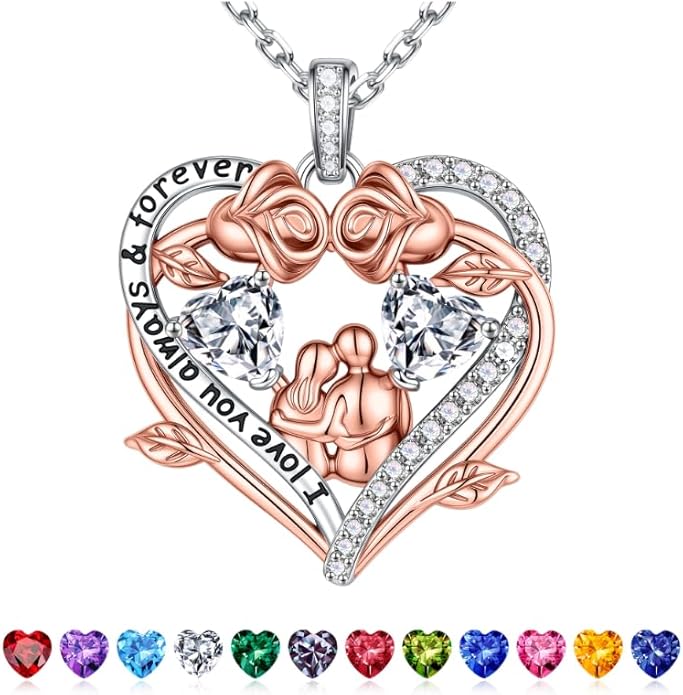 Iefil Valentines Gifts for Her Wife - 925 Sterling Silver Double Heart Birthstone Necklace, Anniversary Birthday Gifts for Women Wife Girlfriend