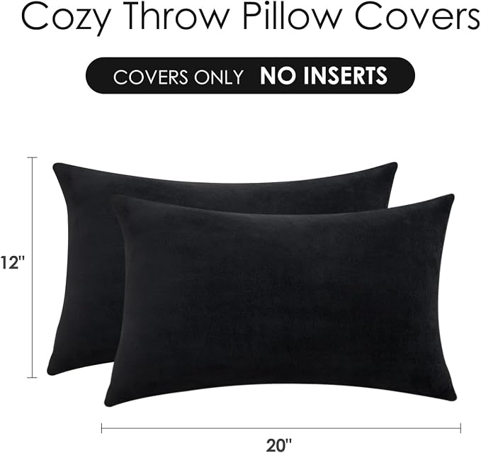 Throw Pillow Covers Decorative Velvet Set of 2 12x20 Inch Pillow Covers, Soft Black Lumbar Pillowcases for Couch Sofa Bed Living Room, Farmhouse Home Boho Decor, Accent Cushion Covers