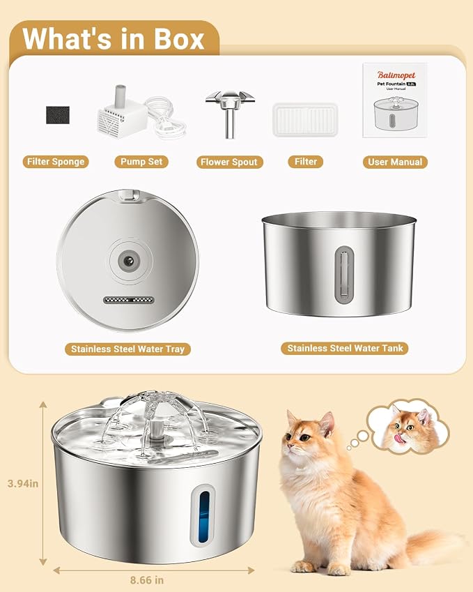 Cat Water Fountain Stainless Steel - 108oz/3.2L Automatic Large Pet Watering Bowl Dispenser for Indoor Cats - Drinking Fountains with 3 Filter for Dogs and Kitty - Outdoor Dog Waterer Bowls No Spill