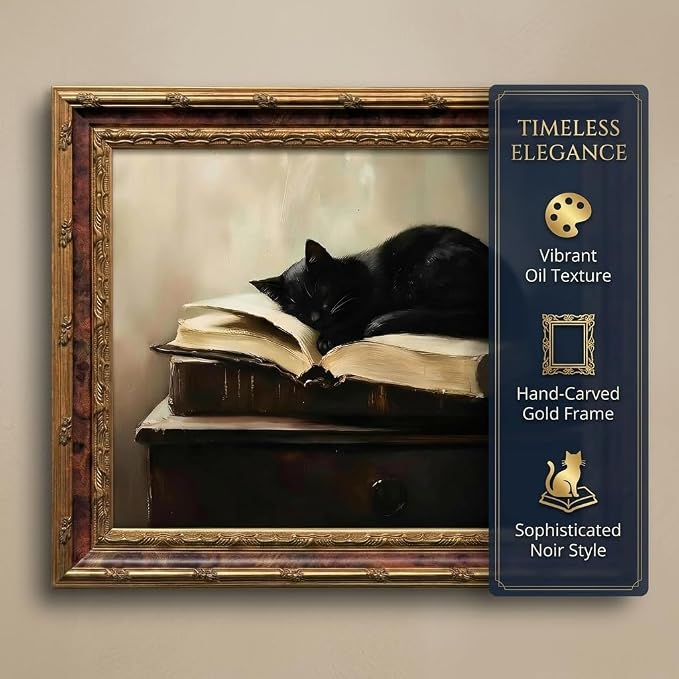 Vintage Moody Gothic Black Cat Wall Art, Dark Academia Cat Canvas Print, | Sleeping Cat on Antique Books Painting Poster, Literary Picture Wall Decor for Living Room Bedroom Office 12x16 In