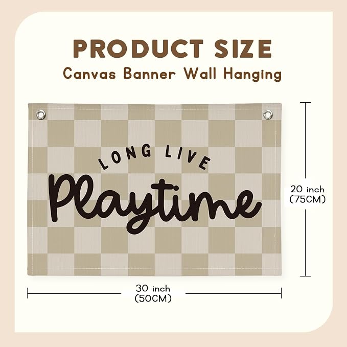 Playroom Wall Decor, Long Live Playtime Banner, Checkered Canvas Wall Banner for Playroom, Toddler Room, Boys/Girls Kids Room, Classroom, Playtime