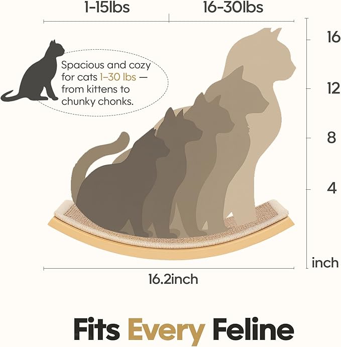Wood Cat Wall Curved Bed with Sisal Mat, Cats Shelf for Sleeping Scratching | Ergonomic Curved Design, Scratchable Sisal Pad, Wall Mounted