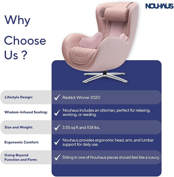Nouhaus Classic Massage Chair with Ottoman – Pink Leather Recliner with Percussive Shiatsu Massager, Built-in Speaker & Full Body Spot Massage – Ultimate Comfort for Home & Office