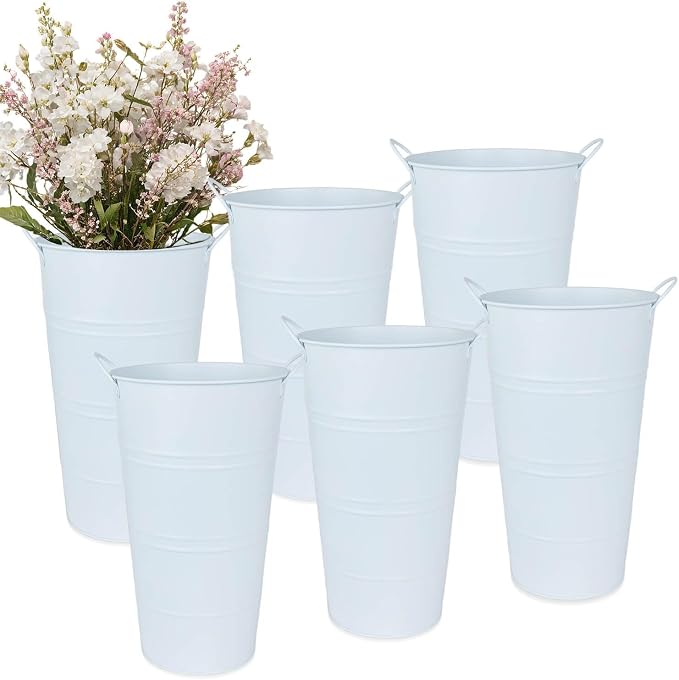 12 Inch Galvanized Metal Vase, 6 Pack Tall Flower Buckets with Handles | Galvanized metal flower buckets with handles, rustic tall vase design for dried flowers, weddings, farmhouse and home decor.