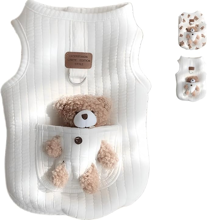 Cute Pet Apparel Plush Bear Pattern Cartoon Dog Clothes All Season Sleeveless Puppy Kitten Pullover Soft Skin-Friendly (White1, L (7.7-11lbs))