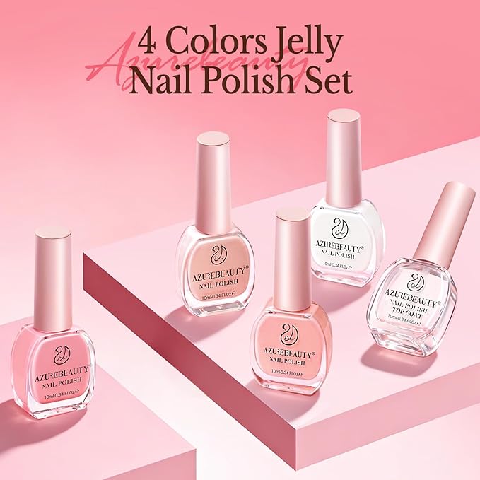 AZUREBEAUTY Jelly Sheer Nail Polish Set (4 Colors + Top Coat), Milky Nude Pink Natural Look, Quick Dry, No Lamp Needed, Easy DIY Manicure