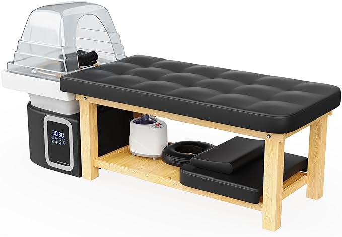 Hair Washing Head Spa Stationary Massage Table with Water Cycle & Fumigation Salon Equipment for Beauty Head Spa Physical Therapy Massage, Wood Frame, PU Leather - Black