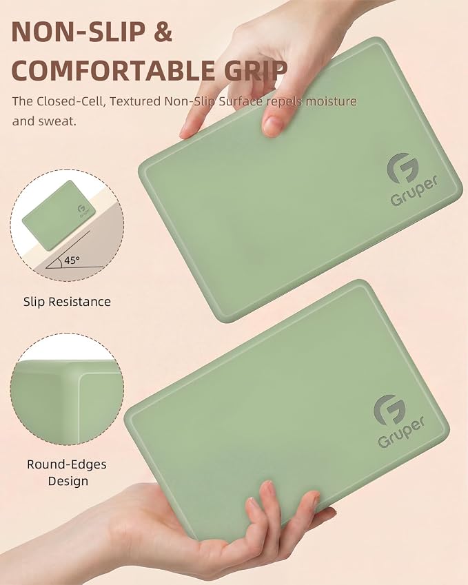 Gruper Yoga Blocks 2 Pack, 9"x6"x3" Exercise Blocks High-Density EVA Foam Blocks with Soft Non-Slip Surface, Lightweight Yoga Props for Yoga Pilates Meditation & Stretching