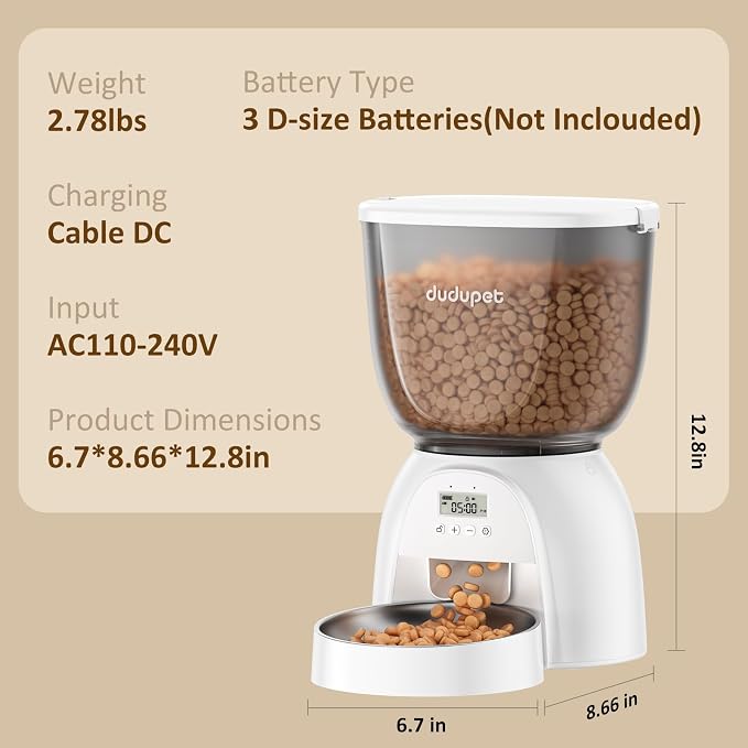 5L/21 Cup Automatic Cat Feeder, Timed Cat Food Dispenser, Automatic Pet Feeders Up to 6 Meals 1-20 Portion, Dual Power Supply Cats Feeder with Stainless Steel, Pet Dry Food Dispenser for Cats & Puppy