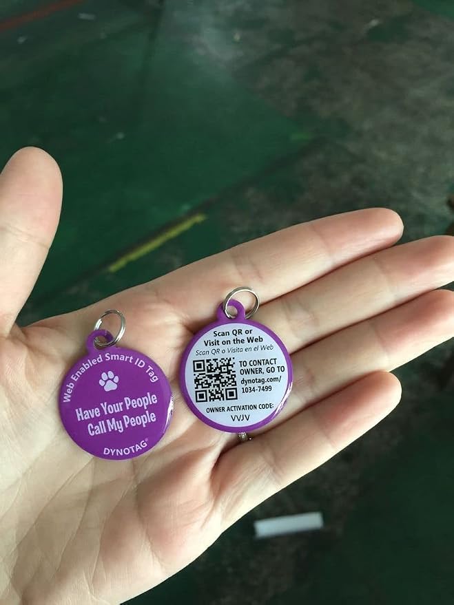 Dynotag® Web Enabled Super Pet ID Smart Tag. Deluxe Coated Steel, with DynoIQ™ & Lifetime Recovery Service. Fun Series (Purple: Have Your People Call My People)