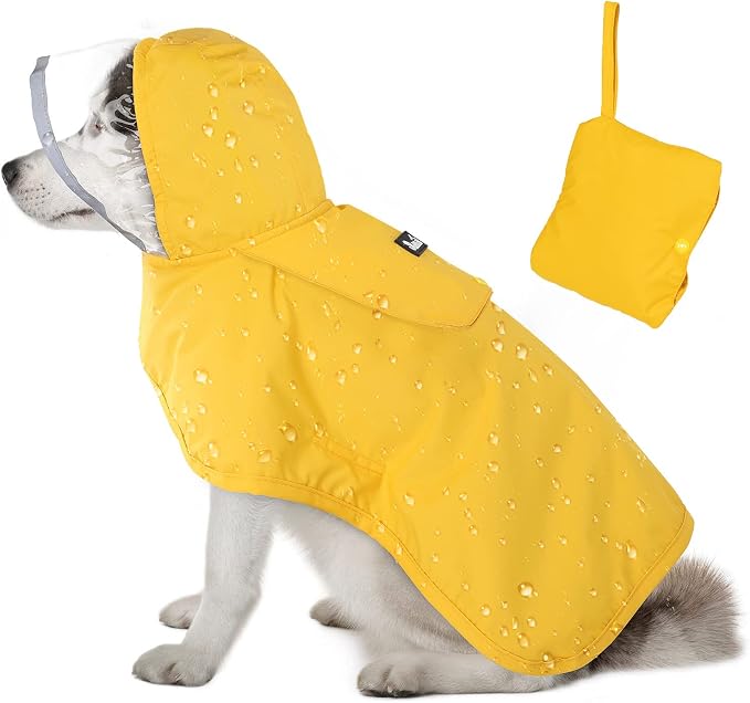 Lukovee Dog Raincoat, Waterproof Rain Jacket, Clear Hood & Reflective Rim | Easy On Off Adjustable Straps, Leash Hole, Soft Mesh Lining, Storage Pocket, Poncho for Small Medium Large Dogs (Yellow, S)