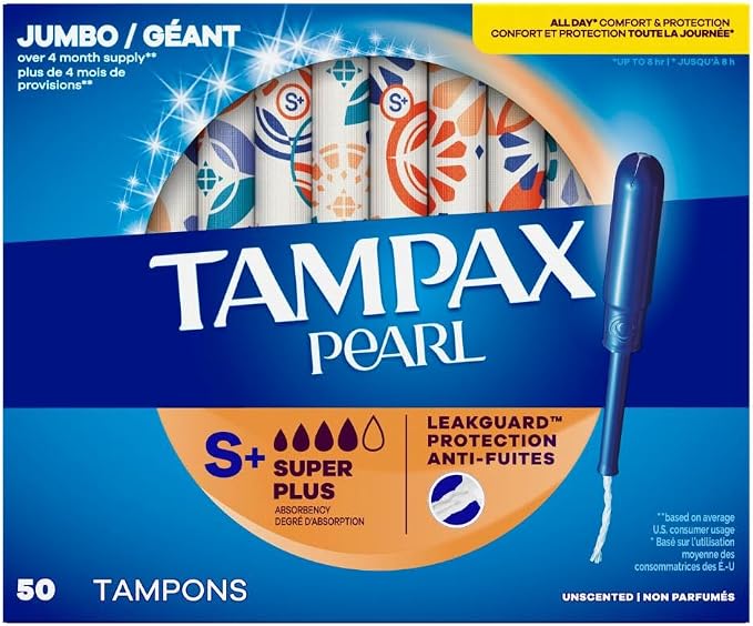 Tampax Pearl Tampons Super Plus Absorbency, with Leakguard Braid, Unscented, 50 Count (Pack of 2)