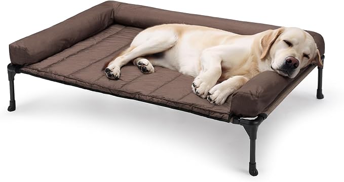 Veehoo Outdoor Elevated Dog Bed with Waterproof Bolster Cushion, Cooling | Raised Dog Bed with Removable & Washable Mat Topper, Breathable Mesh, Dog Couch Cot for Indoor Outdoor, 42", Large, Brown