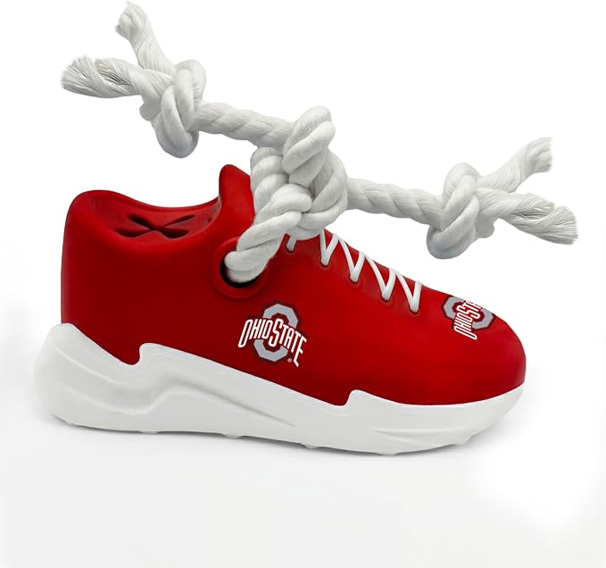 NCAA Ohio State Buckeyes Cleat Sneaker Spike Dog Toy, Treat Dispenser Chew Toy for Dogs, Interactive Rope Tug Toy, Slow Feeder Natural Rubber Dog Toy with Official Team Logo for Puppies & Adult Dogs
