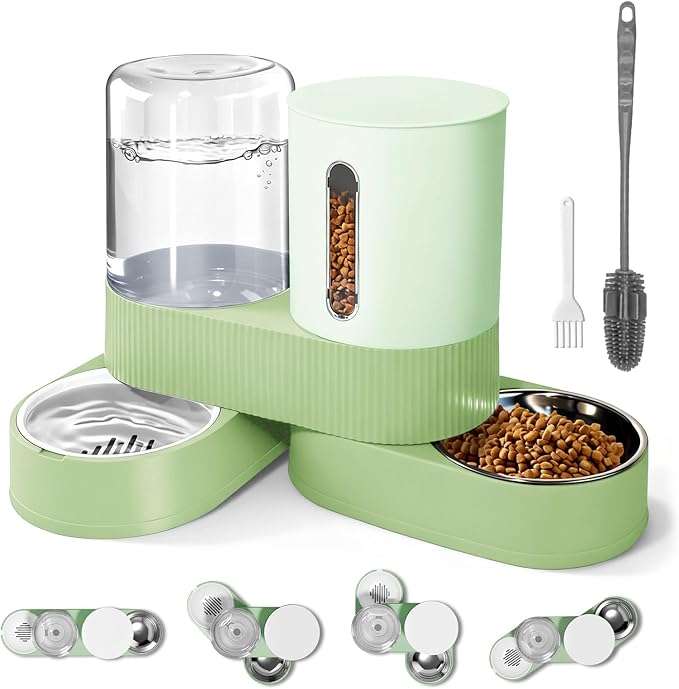 2 in 1 Automatic Gravity Cat Dog Feeder and Water Dispenser with 304 Stainless Steel Bowls, 360 Degree Rotatable Auto Food with 2 Specialized Brushes for Small Medium Pet Dog Puppy Kitten (Green)