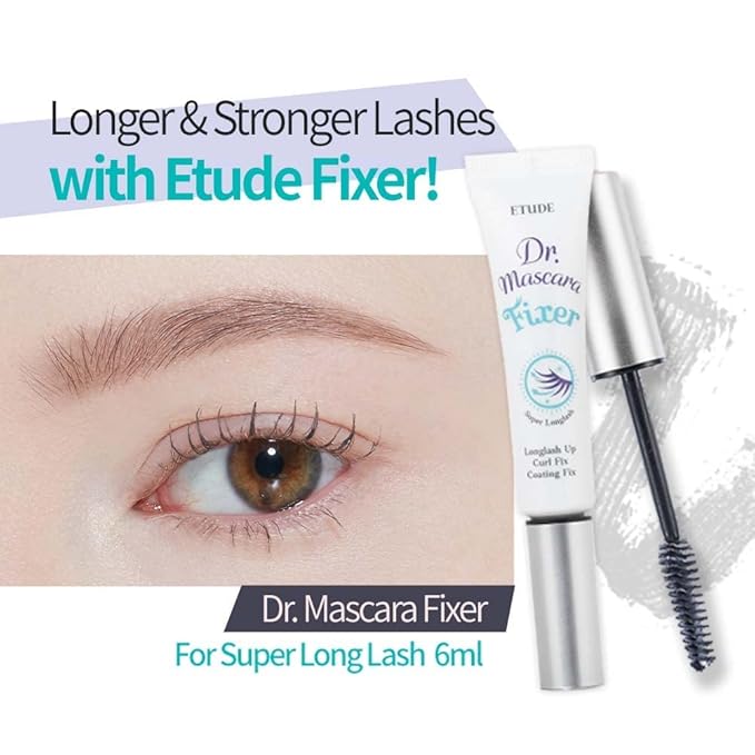 ETUDE Dr. Mascara Fixer For Super Long Lash, Korean Mascara Primer, Natural Extension, Lengthening, Smudge-Proof, Korean Makeup, Beauty, Micro Black Fiber Formula (0.203 Fl Oz)