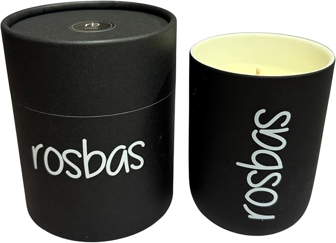 rosbas Green Tea & Lemongrass Soy Wax Candle - 8 oz in Ceramic Jar - Boxed - Clean Burning for Uplifting Vitality - Black - Made in USA