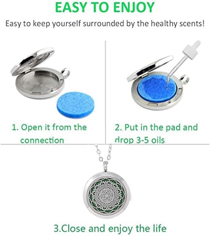 Aromatherapy Essential Oil Diffuser Stainless Steel 30 MM Silver Magnetic Locket Pendant 2 Sizes Chain Necklace, Refill Pads & Diffuser Bracelet in a Velvet Bag (flower3)