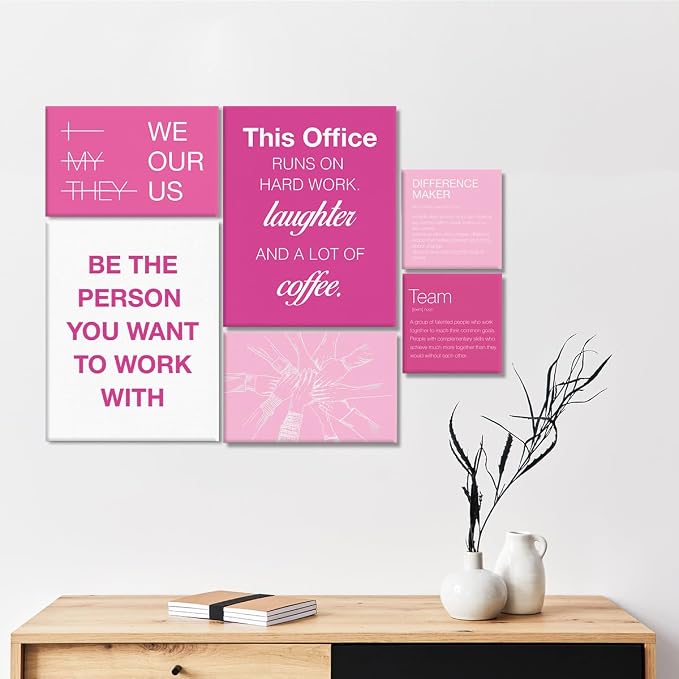 YEOION Motivational Office Wall Art,Inspirational Teamwork Wall Art for Office,Pink Positive Teamwork Wall Decor for Workplace Set of 6
