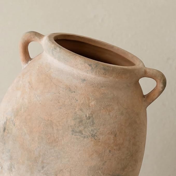 Rustic Ceramic Vase for Flowers 7.7", Terracotta Pottery Vase with Handles & Distressed Finish, Large Vintage Decorative Stone Clay Vases for Farmhouse Decor, Table Centerpiece, Fireplace Mantle