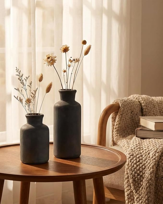 Black Ceramic Vase Set of 3, Vintage Brushed Gold Effect for Home Decor | Matte rustic flower vases for living rooms, dining tables, mantels and centerpieces