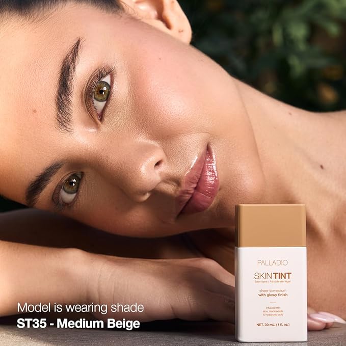 Palladio Skin Tint with Aloe, Niacinamide and Hyaluronic Acid, Sheer to Medium Coverage, Glowy Finish, Brightening and Blurring Lightweight Foundation Makeup (Medium Beige)