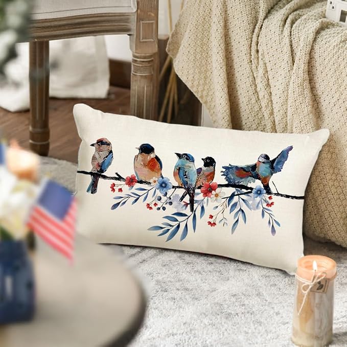 RABUSOFA 4th of July Memorial Day Patriotic Lumbar Throw Pillow Cover,12x20 Inch Red White and Blue Birds Flowers Independence Day American Fourth of July Decoration for Sofa Couch