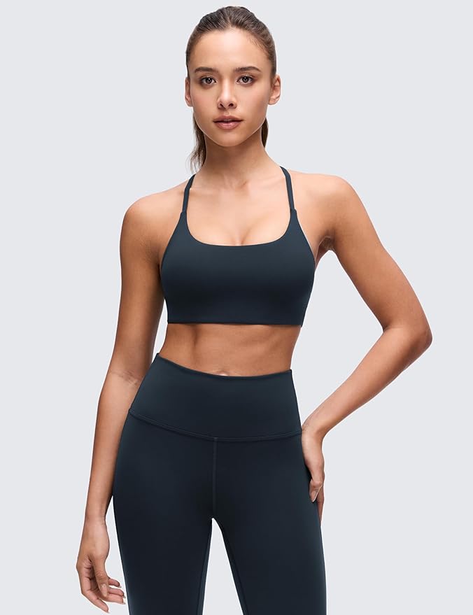 CRZ YOGA Butterluxe Twist Cross Back Sports Bras for Women - U Neck Padded Adjustable Spaghetti Straps Yoga Top