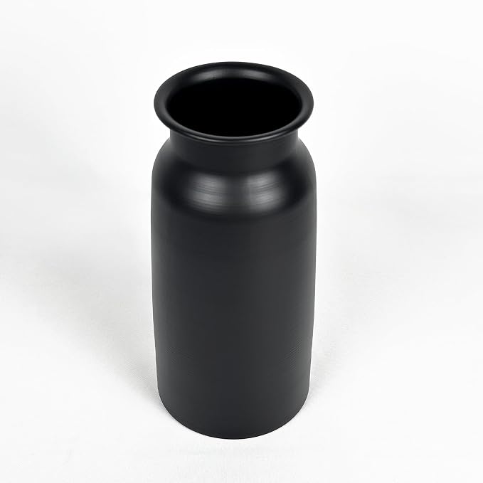 Set of 2 Black Seamless Wide Mouth Metal Flower Vase, 10.8" Tall Modern Matte Black Floral Vase Pair, Shatterproof Leakproof, Industrial Home Decor Centerpiece for Table, Mantle, Shelf