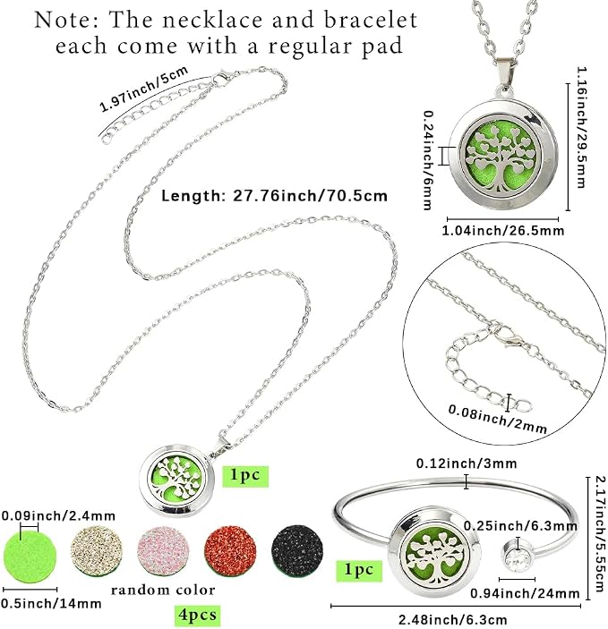 SUNNYCLUE 1Pc Essential Oil Diffuser Bracelet 1Pc Essential Oil Necklace with 4Pcs Refill Pads Tree of Life Stainless Steel Adjustable Bangle Bracelets Necklaces Aromatherapy Jewelry for Women Gift