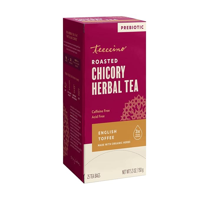 Teeccino English Toffee Herbal Tea - 25 Tea Bags - Rich & Roasted Herbal Tea That’s Caffeine Free & Prebiotic For Natural Energy & Good Digestion, 3 X More Herbs In Each Tea Bag
