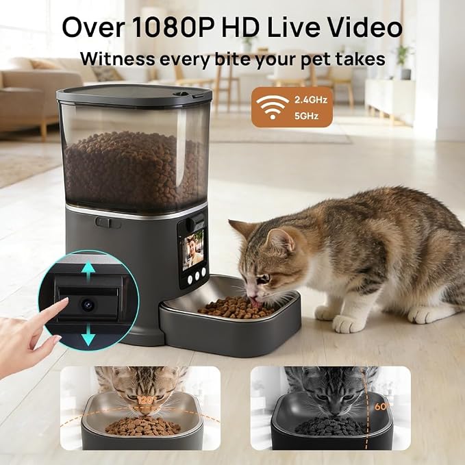 Automatic Cat Feeder with Camera Two-Way Video/Autio 5G WiFi, 5L | 3MP HD, Custom Voice, APP Control Automatic Dog Feeder with Night Vision, Cat Food Dispenser, Automatic Feeder Cat Dry Food