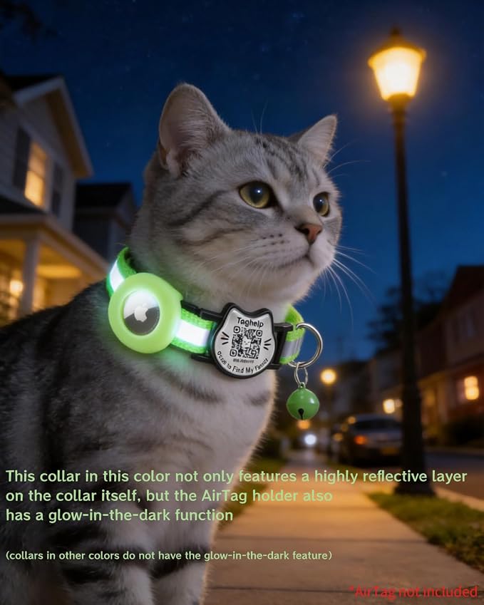 Cat Collar with AirTag Holder, QR Code Tag and Bell (Neon Green)