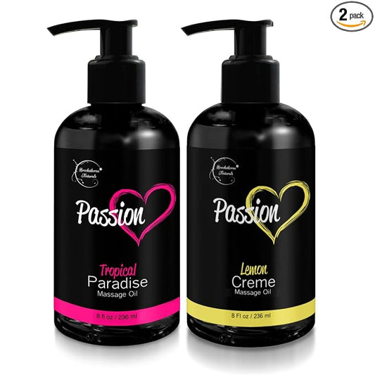 Passion Massage Oil for Date Night | Set of 2 Massaging Oils Lemon Crème & Tropical Paradise | All Natural with Almond & Jojoba | for Women & Men | Perfect for Full Body Relaxation & Aromatherapy