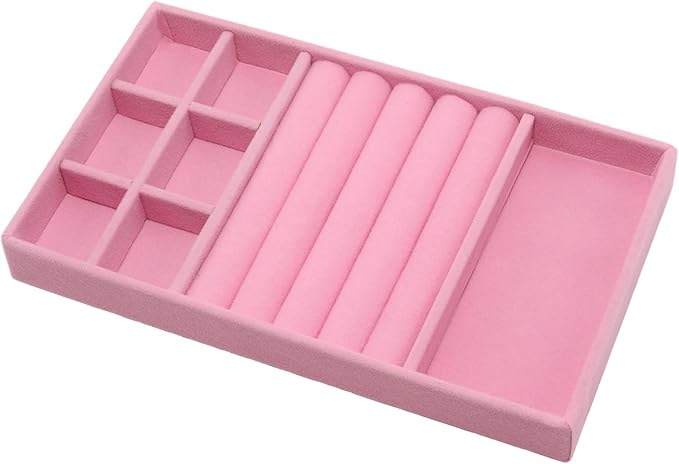 Velvet Jewelry Organizer Tray, Pink 3-in-1 | Stackable Jewelry Storage Display Tray with Removable Dividers for Drawer Dresser Cloest Organizer