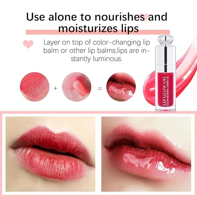 GECOMO Hydrating Lip Glow Oil, Lip Oil Gloss Transparent Toot Tinted Nourishing Long Lasting Repairing Lightening Lip Lines (SAKURA) 0.2 OZ