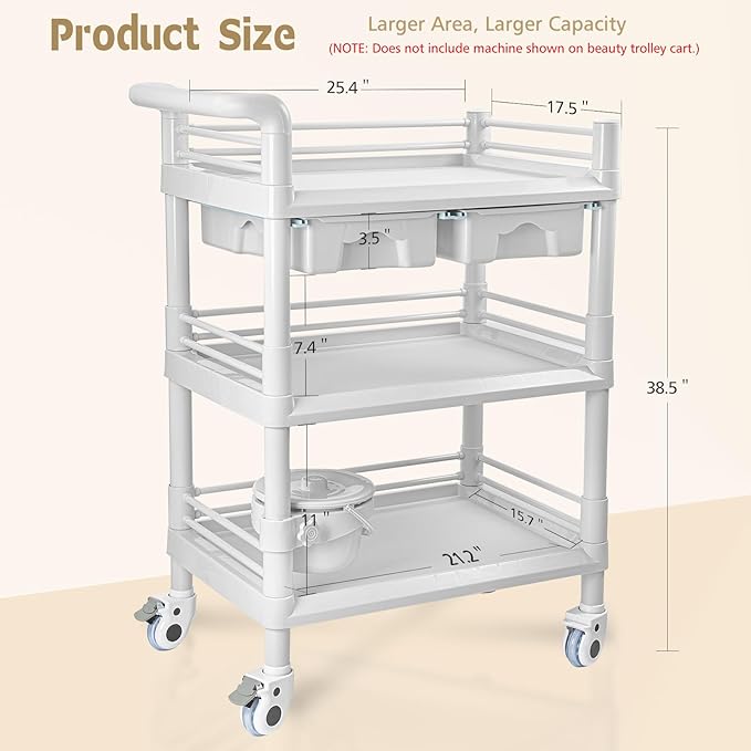 Beauty Trolley Cart with Wheels, Esthetician Cart with Handrail, Bucket and 2 Big Drawer, 3 Tier Heavy Duty Vacuum Therapy Machine Trolley, Load 330lbs, 360° Rotate Silent Wheels